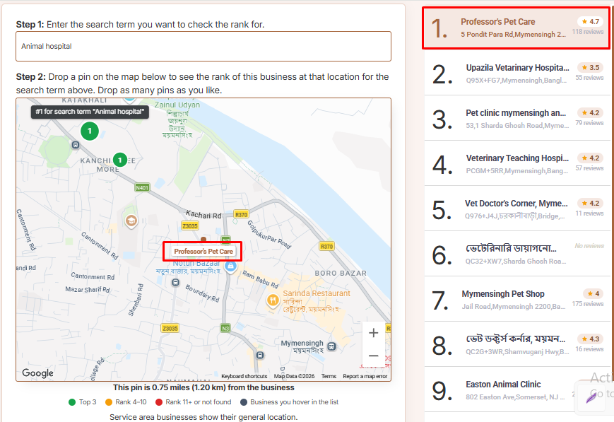 Professor's Pet Care Google Business Profile Map Pack Ranking